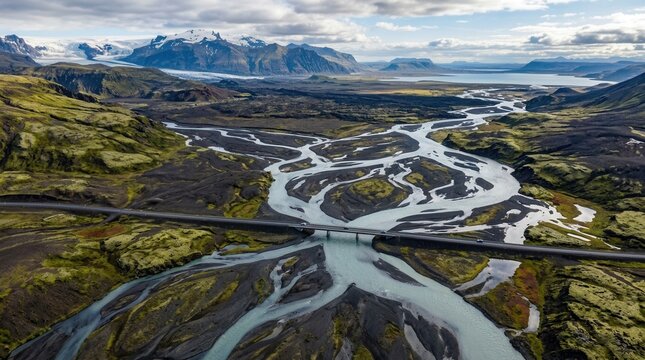 Aerial view of a braided river system flowing through a volcanic landscape towards a glacial lake, Iceland