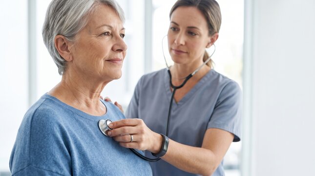 Nurse in scrubs uses a stethoscope to listen to an older woman's chest during a medical checkup, close-up in a bright clinic. No visible text