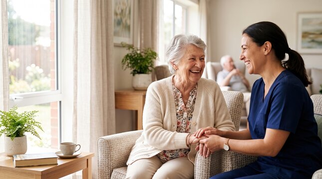 Smiling senior woman holds hands with a caregiver in a cozy living room; tea cup on side table, soft daylight through window, blurred elderly man sitting in background