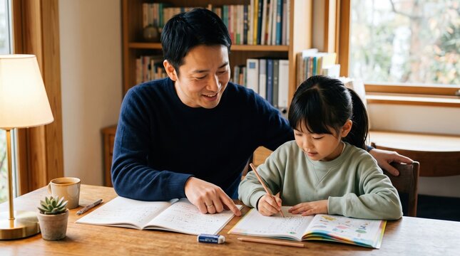 Father helps young daughter with homework at wooden table near window; she writes in notebook while he points at open book. Cozy home study with lamp, bookshelf, and plant
