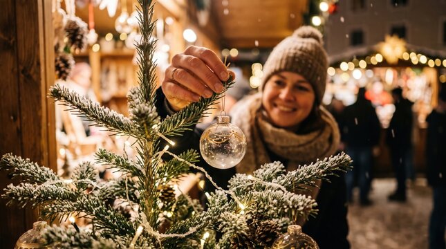 Smiling woman in knit hat and scarf hangs a clear Christmas bauble, on a snow-dusted Christmas tree with warm lights, in a festive Christmas traditional market at night