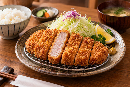 揚げたてのとんかつとご飯・味噌汁の和食定食