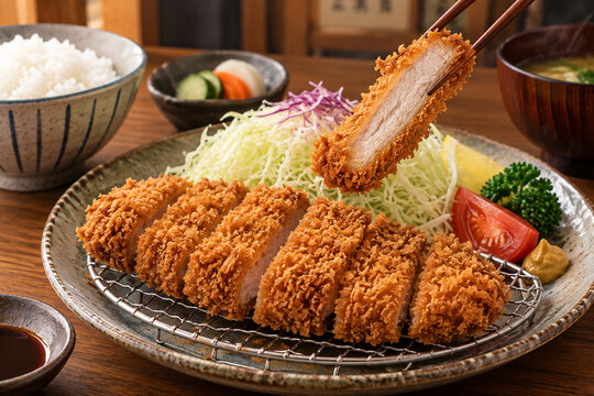 箸で持ち上げた揚げたてのとんかつ定食