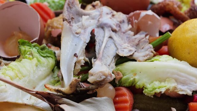 Food waste with discarded vegetable and fish scraps, egg shells and organic garbage close-up, sustainability video footage. High quality 4k footage