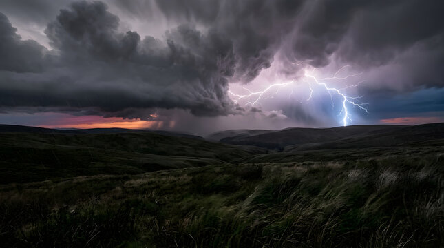 Dramatic lightning bolt striking over dark rolling hills during a powerful summer thunderstorm.