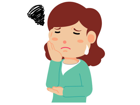 頬杖をついて悩む女性のイラスト（困り顔・不安・問題発生・白バック）