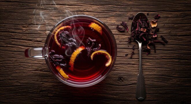 Detailed flat lay of a transparent mug filled with dark crimson hibiscus tea on aged wooden planks