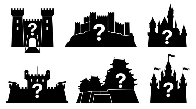 Set of black silhouette castle icons featuring question mark symbols, representing mystery locations, quest map markers, unknown heritage sites