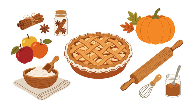 Autumn baking vector set with apple pie and pumpkin, cozy fall kitchen ingredients and tools, flat cartoon harvest food collection