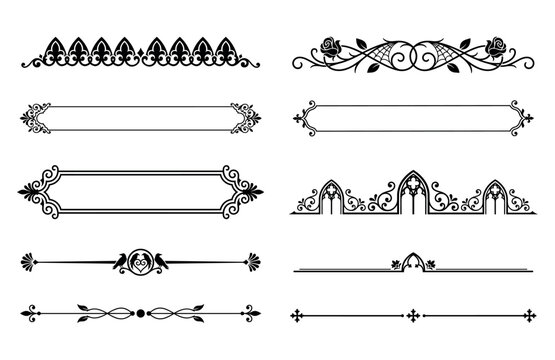Vintage gothic text frames and macabre floral dividers vector set.