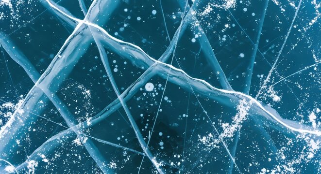 High resolution top down photograph of natural teal mountain lake ice with fractures and skate scratches