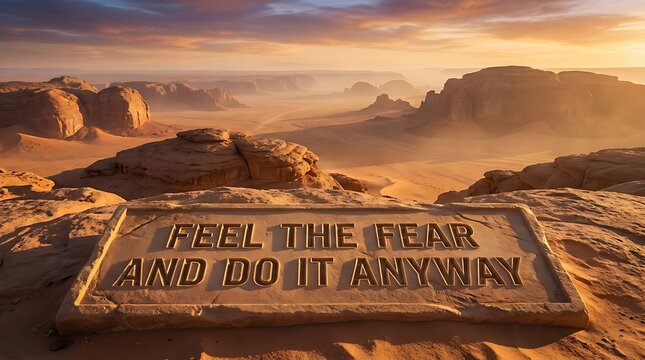 Feel the fear and do it anyway message carved in a stone tablet placed on a breathtaking desert landscape view