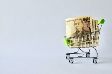 Japanese 10000 yen banknotes stacked inside a miniature shopping cart on a white background. © Akram