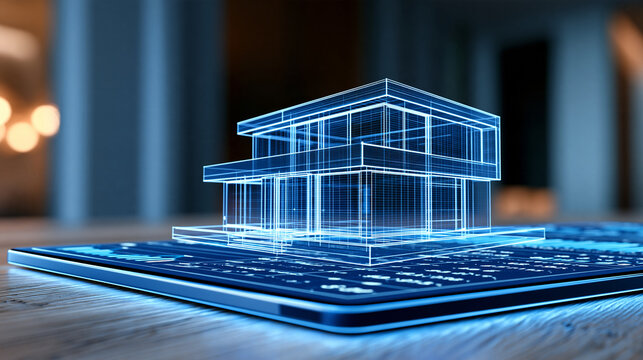 Abstract tablet interface displaying a glowing architectural blueprint of a modern house with financial and development data, property planning, digital architecture, real estate