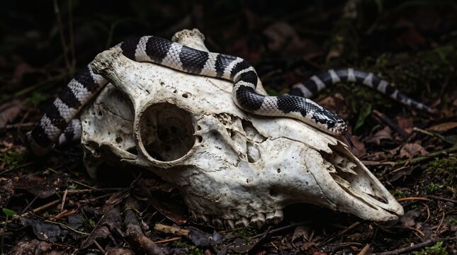 Banded snake coiled on a weathered animal skull in a dark forest setting.