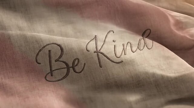 Inspirational message Be Kind written in elegant cursive script on soft fabric background.