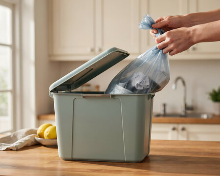 Hands tying a full trash bag for disposal in a home kitchen setting with natural lighting