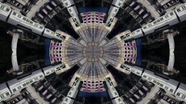train enters liziba station inside a building in Chongqing with code and data made into symmetrical pattern 