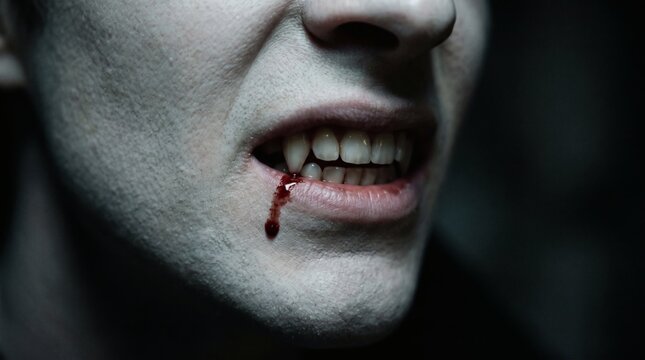 Close up of a vampires mouth with fangs and dripping blood.