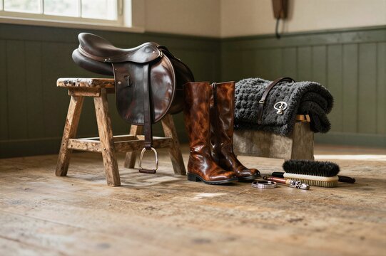 Saddle and riding boots arranged in rustic tack room interior