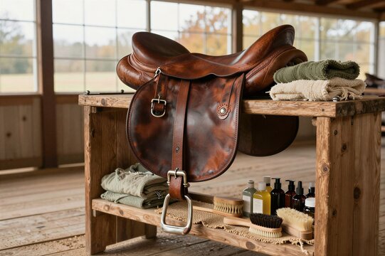 Leather saddle resting on wooden rack inside stable sunlit barn
