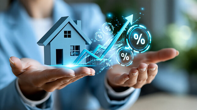 Businesswoman's hands presenting a holographic house model with rising valuation arrows and market percentage indicators, property appreciation, real estate investment, financial