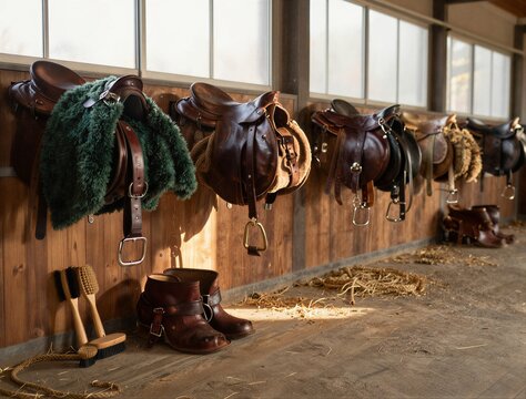 Leather saddles hanging on wall inside stable tack room during daylight