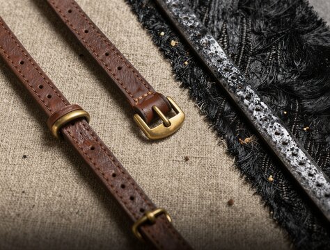 Leather straps and metal buckle arranged on textured surface
