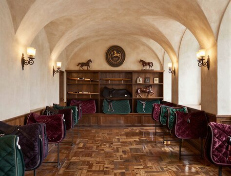 Stable saddle storage with padded saddle racks in arched room