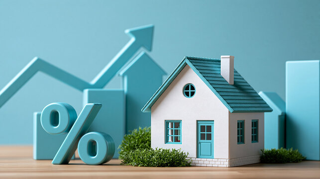 Miniature house surrounded by rising interest rate and property value indicators, conceptual real estate finance visualization, mortgage rates, housing market, investment
