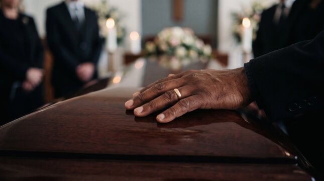 Grieving Hand Rests on Casket During Funeral Service.