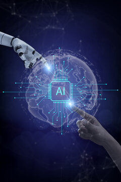 Artificial intelligence technology connects human and robot hands around a digital globe and AI chip, symbolizing global innovation, automation, machine learning, and future connectivity.