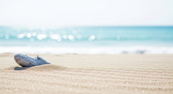 Ground level photograph of a weathered silvered driftwood piece half hidden in detailed beach sand with dreamy turquoise ocean bokeh