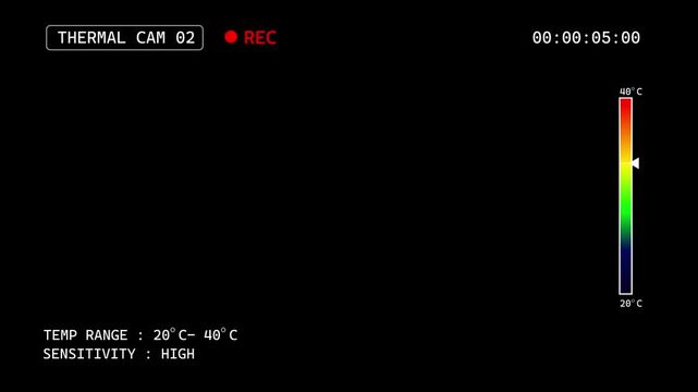 Thermal CCTV surveillance night vision CAM 02 recording interface featuring REC indicator, digital timecode, 20&deg;C to 40&deg;C temperature scale, temperature range display, and high sensitivity setting.