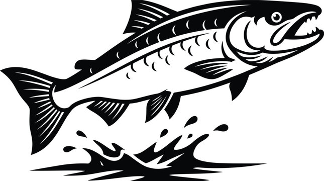 Vintage salmon fish jumping from water, retro woodcut trout vector illustration, black and white fishing logo design