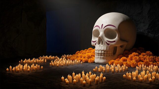 Day of the Dead concept photo. White decorated skull resting on a bed of bright orange marigold flowers. Dozens of glowing yellow candles illuminating a dark stone cavern background
