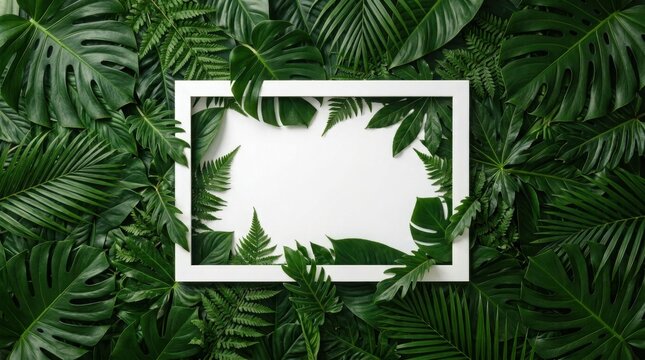 White frame nestled among lush green tropical leaves providing copy space for nature concepts