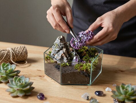 Person assembling miniature terrarium with succulents on table