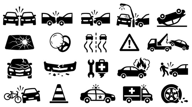 Car accident icon set and vehicle collision symbols showing vehicle crashes, emergency response and road safety hazards, concept for auto insurance claims and traffic risk management