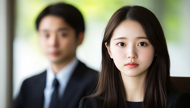 Professional woman feeling apprehensive at modern office with colleague standing too close behind