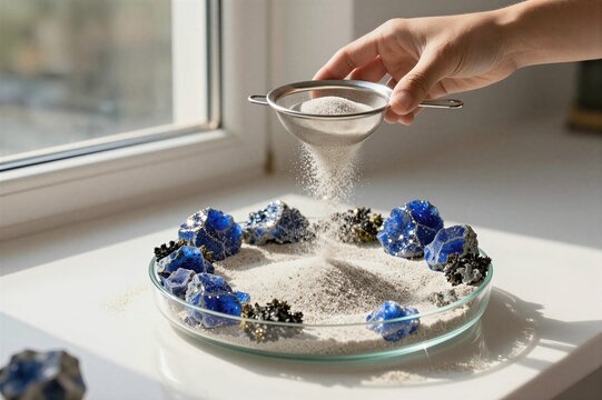 Hand sifting sand over plate with blue geodes on windowsill