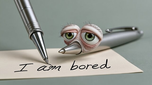 Pen with face writing 'I am bored' in clean script looking tired and unimpressed on grey desk