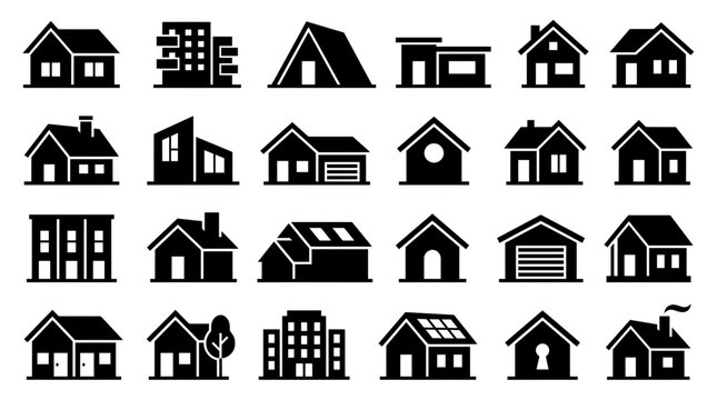 House and real estate icon set featuring residential building symbols, architectural property silhouettes and housing options, concept for property development and home buying app