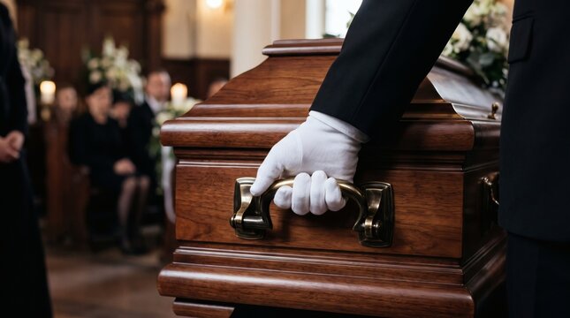 Pallbearer carrying a wooden coffin during a funeral service.