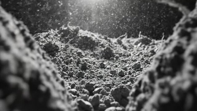 Low angle shot of a dug grave with soil and rocks in black and white with a bright light in the distance