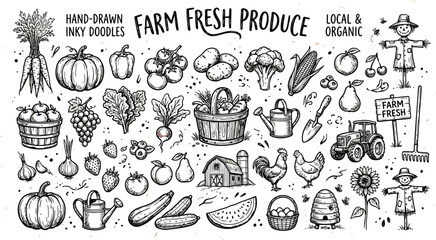 Fototapeta premium Set of hand drawn farm fresh produce vegetable and fruit doodles with tractor and scarecrow icons for organic market design element