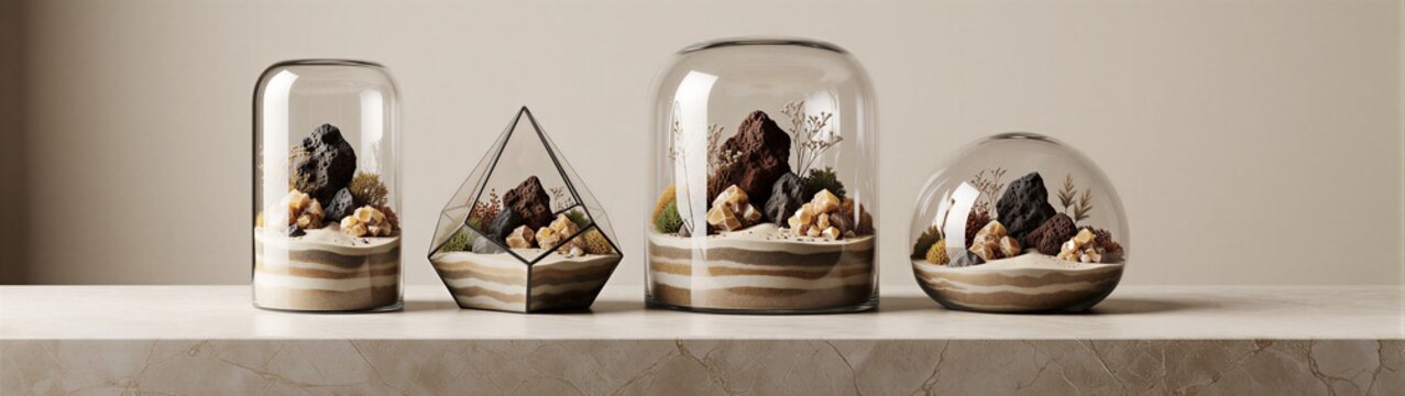 Assorted glass terrariums displaying layered sand and rocks