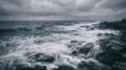 Fototapeta premium Melancholic stormy ocean waves crashing over dark rocky shore under dramatic cloudy sky representing isolation and turbulent nature