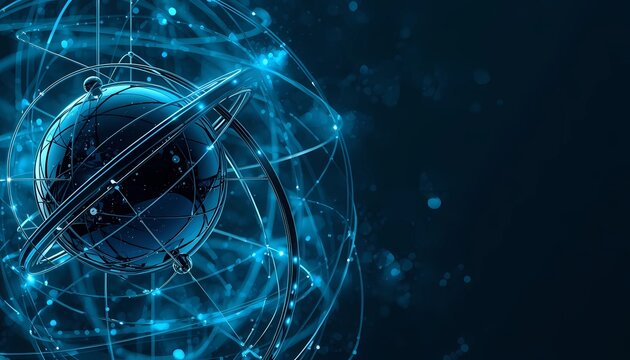 Abstract futuristic technology background with glowing blue digital armillary sphere global network and data rings, generative ai