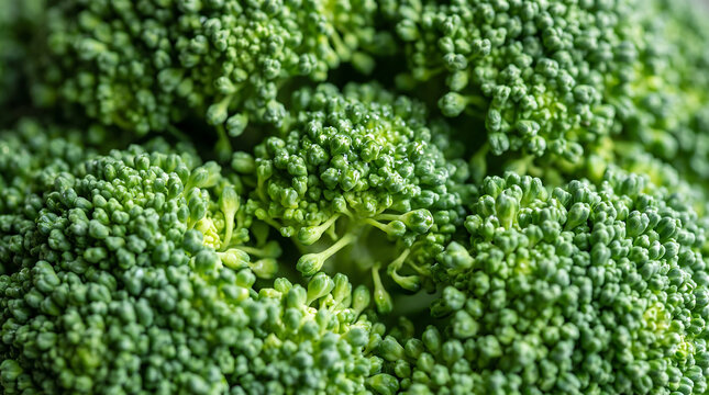 Fresh green broccoli florets displayed in close up natural lighting